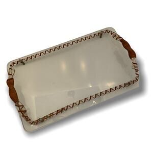 Vintage 15 x 9" Midcentury Glass and Acrylic Footed Serving Tray Wicker Detail